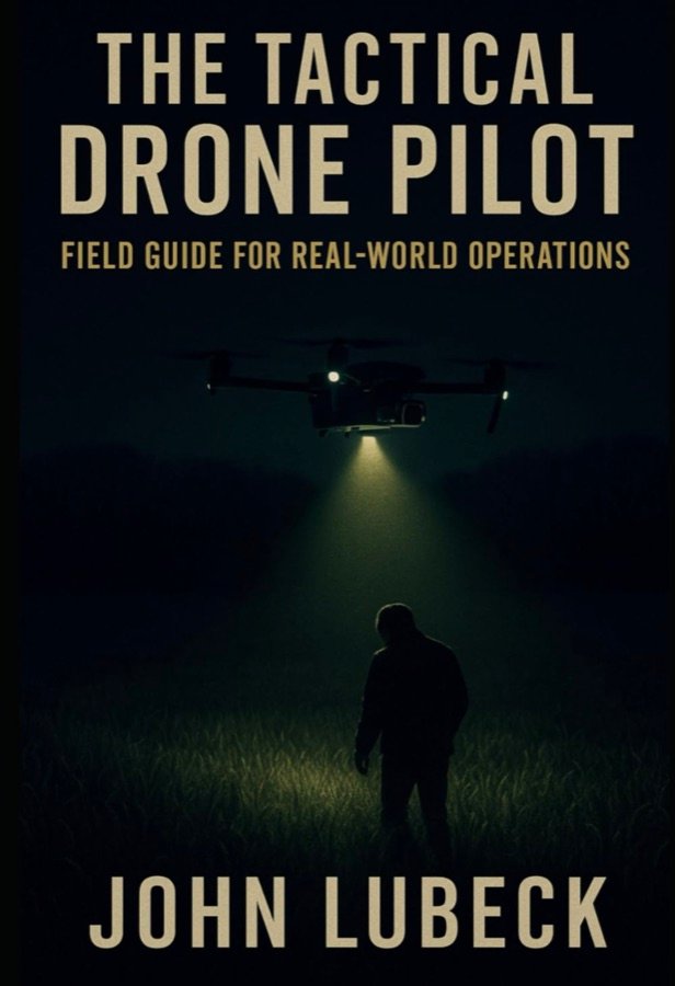 Cover of The Tactical Drone Pilot by John Lubeck: a drone shining a spotlight on a person in a dark field
