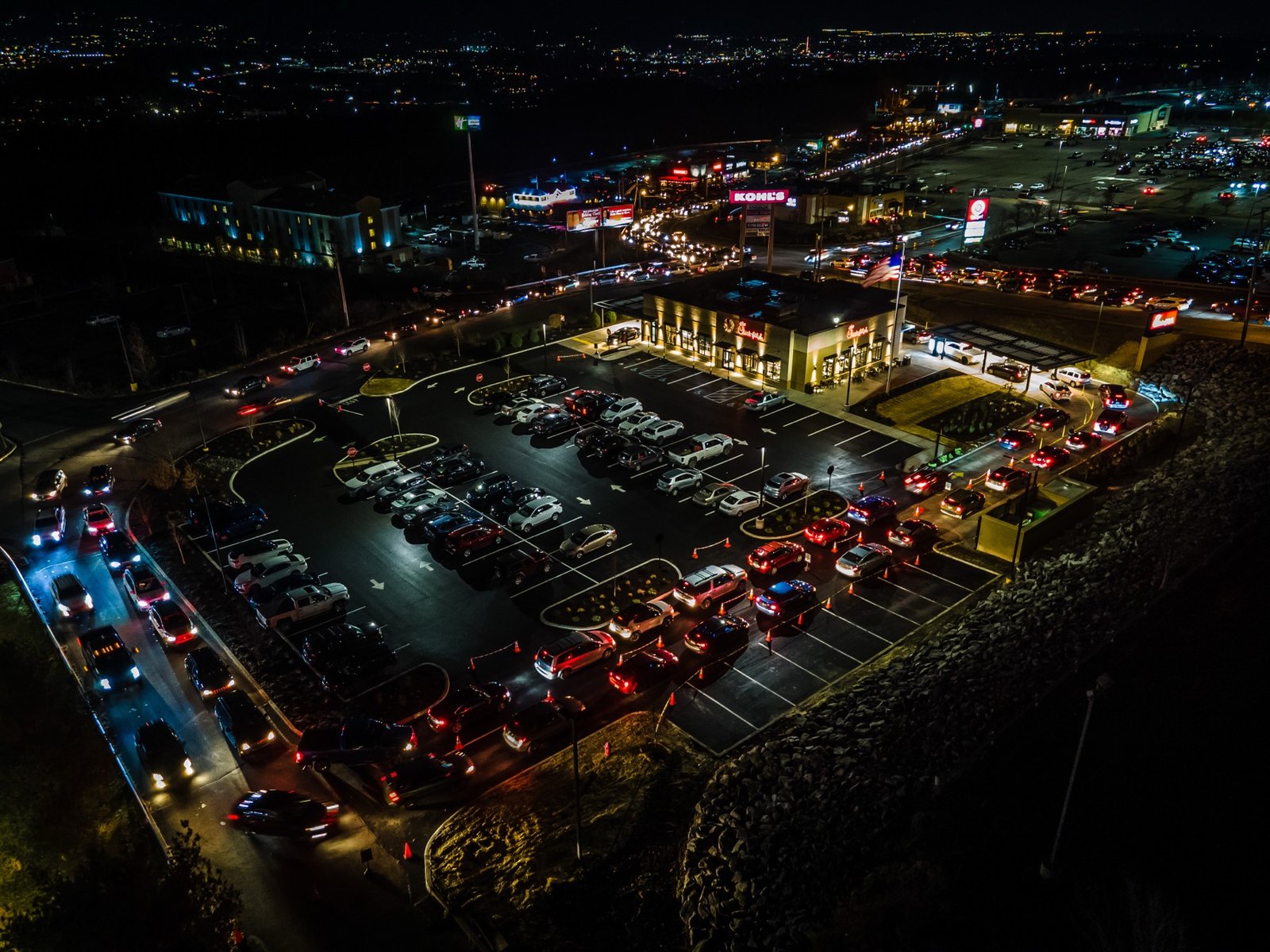 Shopping plaza lit up at night
